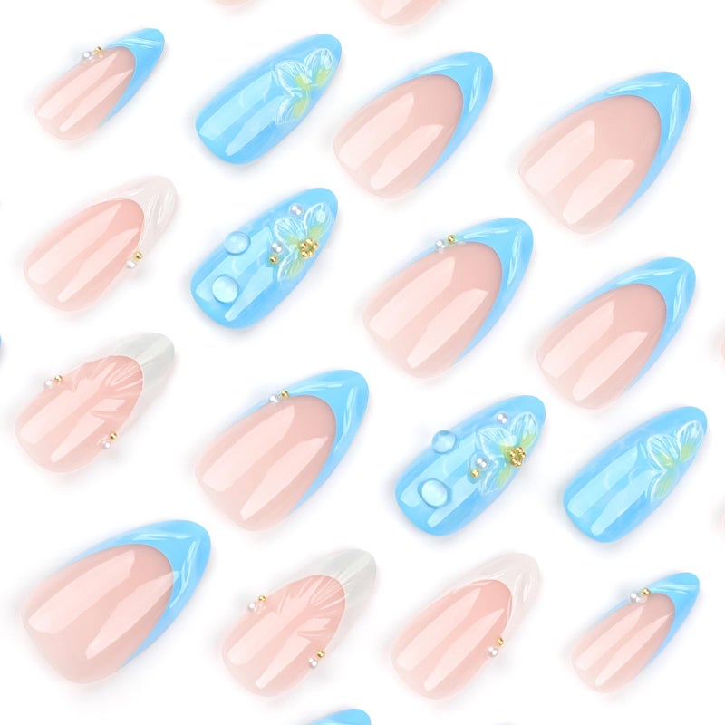 ASABITE 24 Pcs Blue Almond Press on Nails Medium Length Fake Nails 3D Flower and Water Ripple Design Artificial Acrylic Nails Press ons Cute French Tip False Nails Summer Glue-Free Nails for Women - Image 3