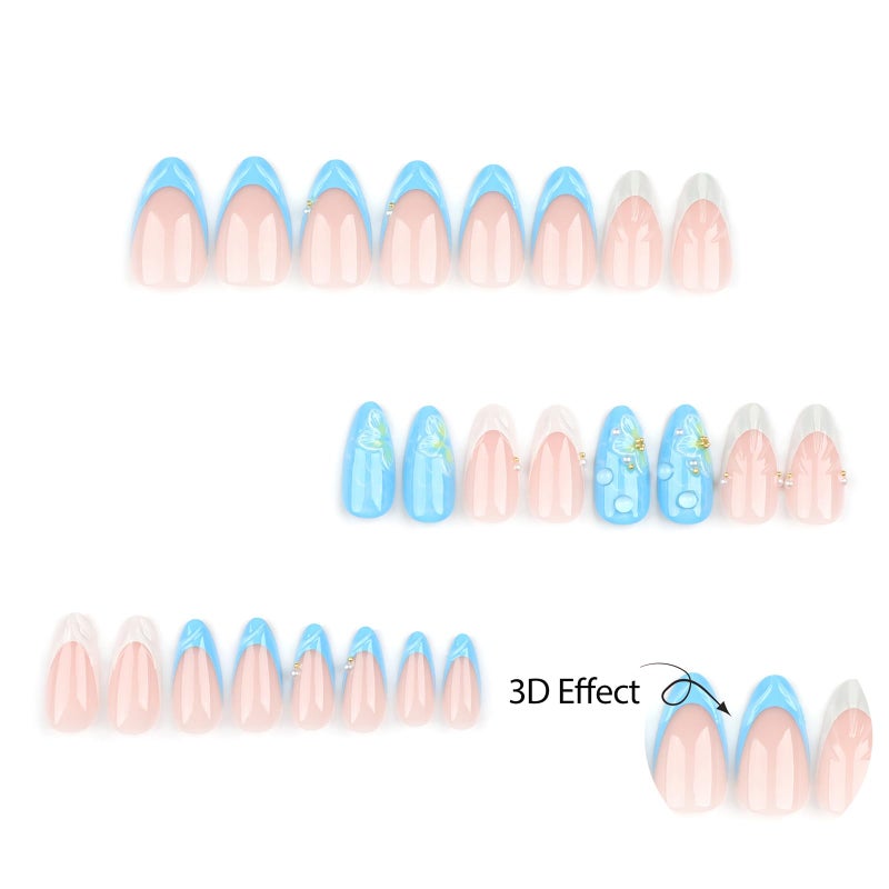 ASABITE 24 Pcs Blue Almond Press on Nails Medium Length Fake Nails 3D Flower and Water Ripple Design Artificial Acrylic Nails Press ons Cute French Tip False Nails Summer Glue-Free Nails for Women - Image 4