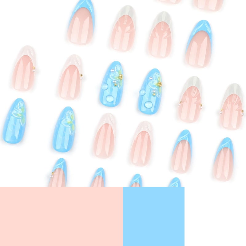 ASABITE 24 Pcs Blue Almond Press on Nails Medium Length Fake Nails 3D Flower and Water Ripple Design Artificial Acrylic Nails Press ons Cute French Tip False Nails Summer Glue-Free Nails for Women - Image 2