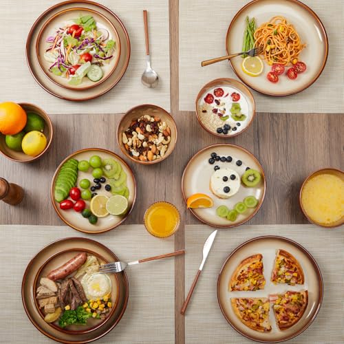 Pokini Stoneware Dinnerware Set Service for 4, 12 pcs Reactive Glaze Plates and Bowls Sets, Handmade Round Dishes Set, Highly Chip and Crack Resistant Modern Plate Set, Brown Yellow - Image 4