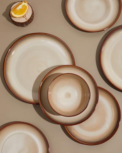 Pokini Stoneware Dinnerware Set Service for 4, 12 pcs Reactive Glaze Plates and Bowls Sets, Handmade Round Dishes Set, Highly Chip and Crack Resistant Modern Plate Set, Brown Yellow - Image 3