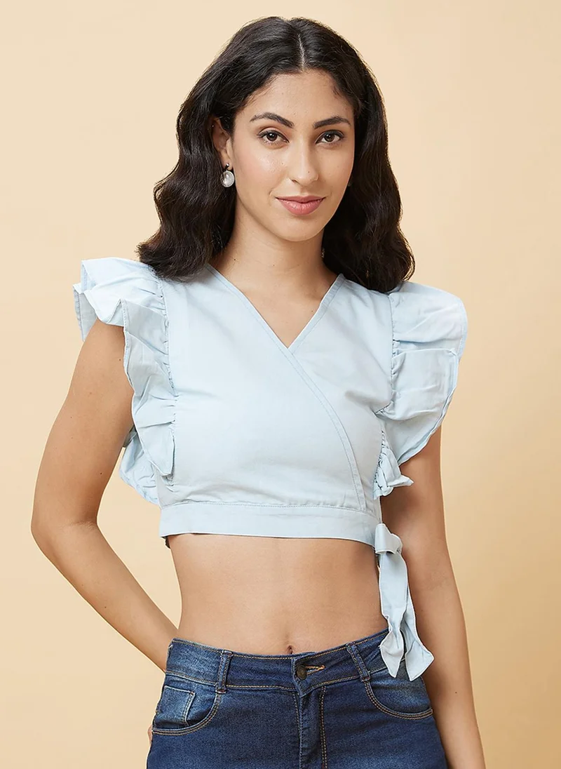 globus Globus Women V-Neck Blue Flutter Sleeve Cotton Denim Cropped Top