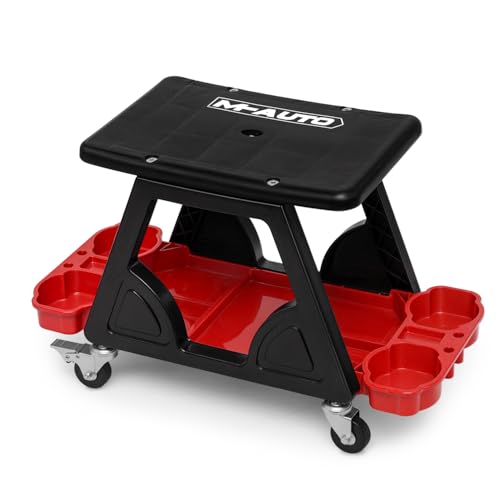 M-AUTO Mechanic Stool Detailing Seat Mobile Rolling Utility Creeper Seat w/Lockable Swivel Wheels, 300LBS Capacity Roller Creeper Seat w/Storage Tool Tray and Drawers, 23" Red - Image 1