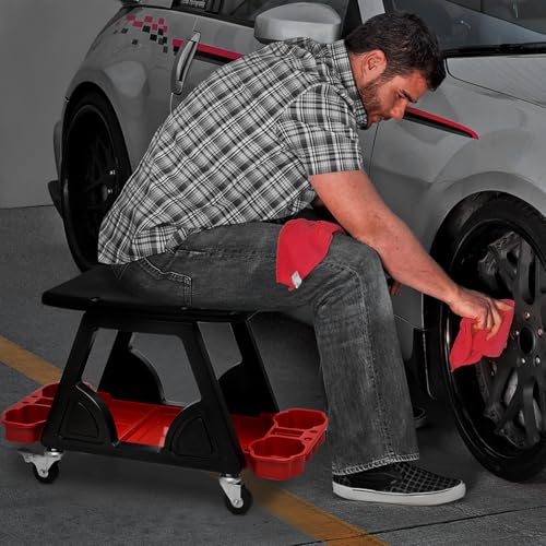 M-AUTO Mechanic Stool Detailing Seat Mobile Rolling Utility Creeper Seat w/Lockable Swivel Wheels, 300LBS Capacity Roller Creeper Seat w/Storage Tool Tray and Drawers, 23" Red - Image 3