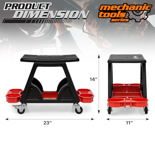 M-AUTO Mechanic Stool Detailing Seat Mobile Rolling Utility Creeper Seat w/Lockable Swivel Wheels, 300LBS Capacity Roller Creeper Seat w/Storage Tool Tray and Drawers, 23" Red - Image 2