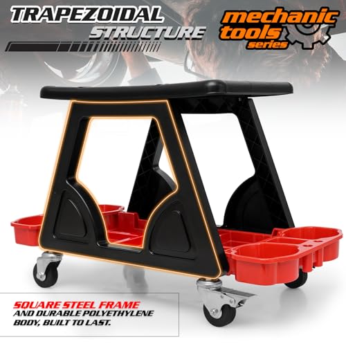 M-AUTO Mechanic Stool Detailing Seat Mobile Rolling Utility Creeper Seat w/Lockable Swivel Wheels, 300LBS Capacity Roller Creeper Seat w/Storage Tool Tray and Drawers, 23" Red - Image 4