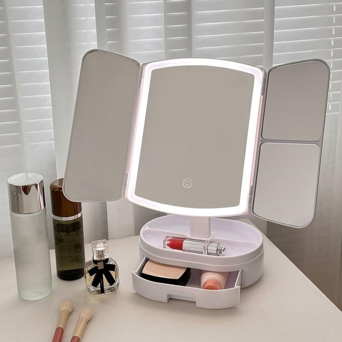 LIGHTED MAKEUP VANITY MIRROR WITH COSMETIC DRAWER ORGANIZER FOLDABLE DIY MAKEUP MIRROR FOR TRAVEL BEDROOM LIVING ROOM 180 ADJUSTABLE ROTATION TOUCH SCREEN CONTROL