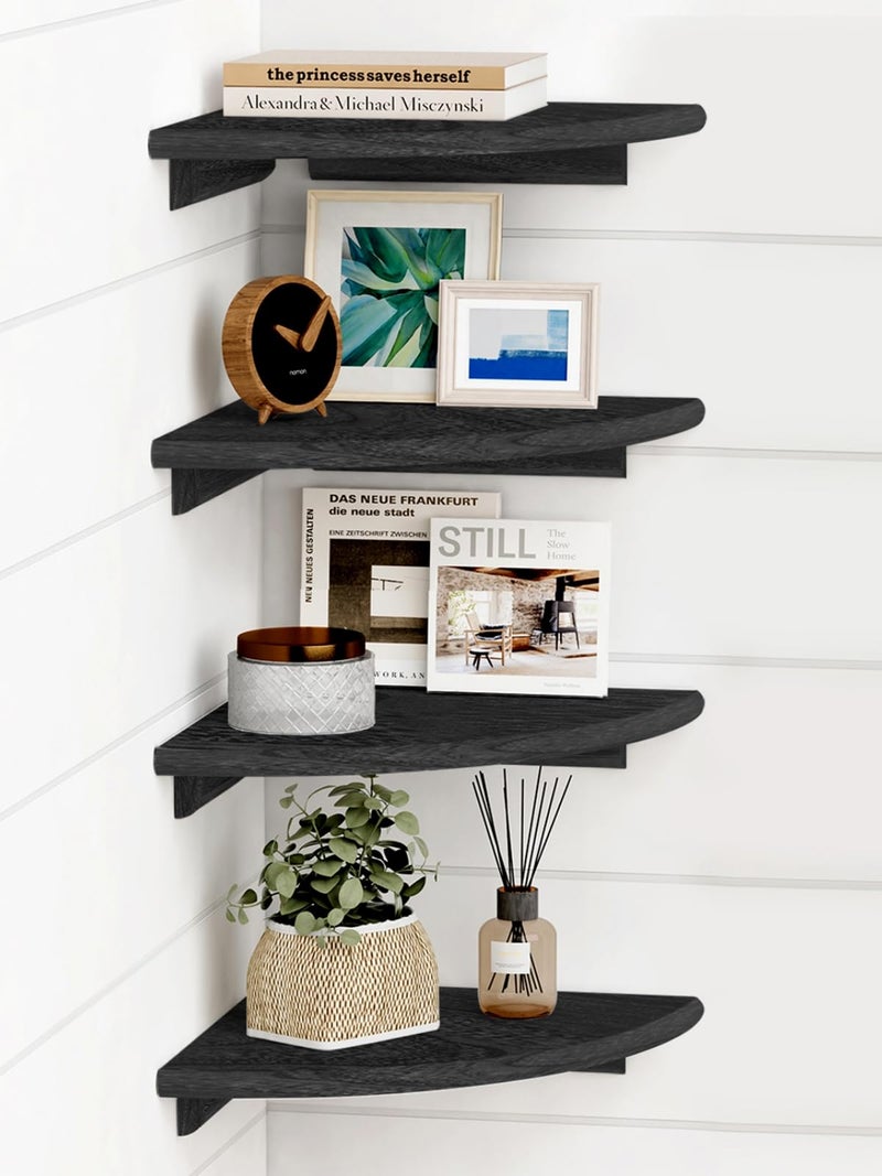 Forbena Black Corner Floating Shelves for Wall Set of 4, Small Rounded Corner Shelves Wall Mount for Bedroom Books, Mini Wood Hanging Corner Shelf for Bathroom Decor, Living Room, Small Spaces - Image 1