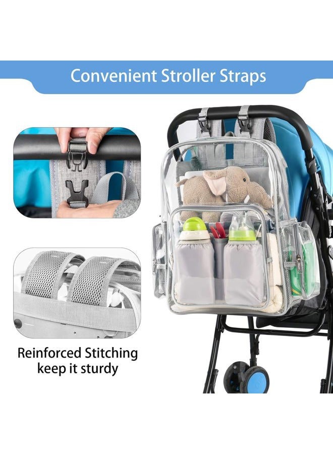 Mancro Diaper Bag Backpack, Clear Baby Bag Heavy Duty Transparent Backpack for Girls Boys, Multifunction Large Travel Backpack Maternity Baby Changing Bags for Mom with Stroller Straps, Grey - Image 5