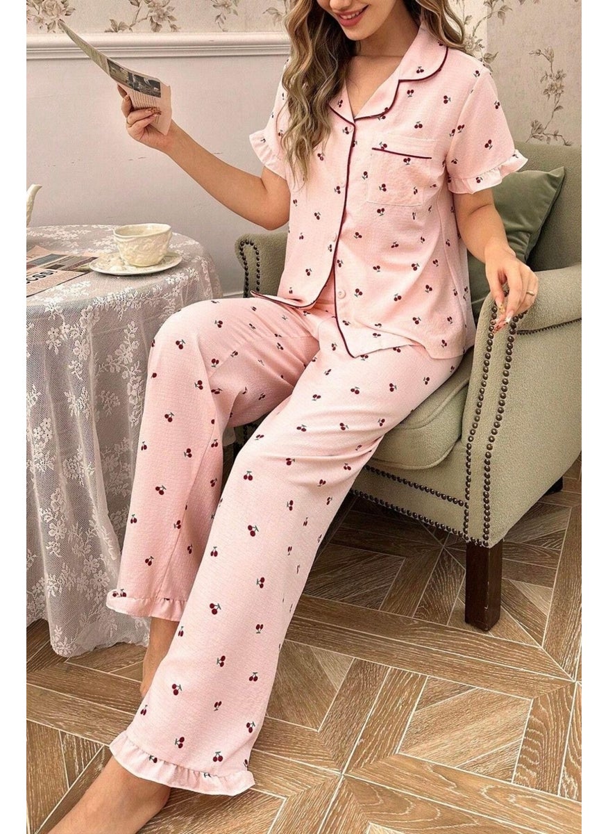 Bella Notte Cherry Patterned Buttoned Baby Collar Long Pajama Set  - Image 2
