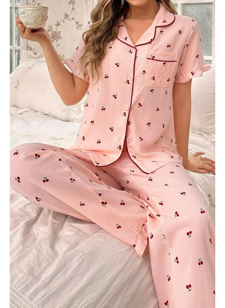 Bella Notte Cherry Patterned Buttoned Baby Collar Long Pajama Set