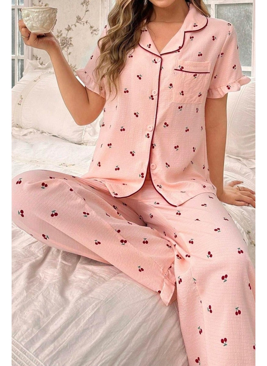 Bella Notte Cherry Patterned Buttoned Baby Collar Long Pajama Set  - Image 1