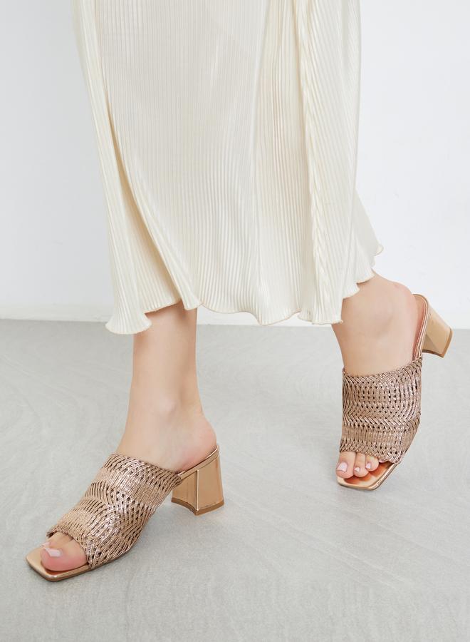 Styli Gold Weave Strap Block Heel Sandals - Image 2