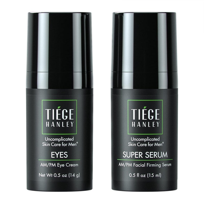 Tiege Hanley Morning and Night Facial Firming Serum SUPER SERUM and Eye Cream EYES for Men  AntiAging Pack  Sodium Hyaluronate and Retinyl Palmitate for Tighter Smoother Skin  Caffeine to Fight Dark Circles  05 ounces each