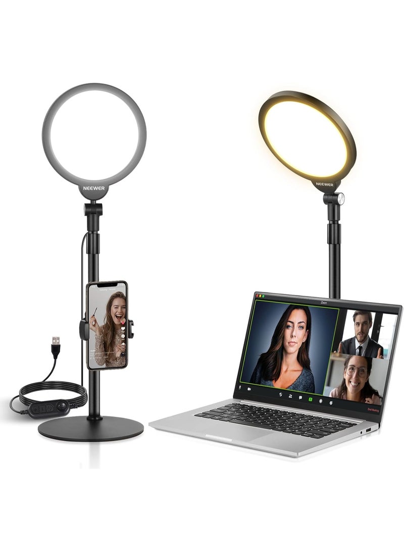 Neewer ring light with stand 7" Selfie Light for Tabletop Phone, 10W Dimmable 3000k-6500K Full Screen, Ring Light with Stand and Phone Holder for Video Conferencing Selfie Vlog Makeup Live Video Streaming - Image 1