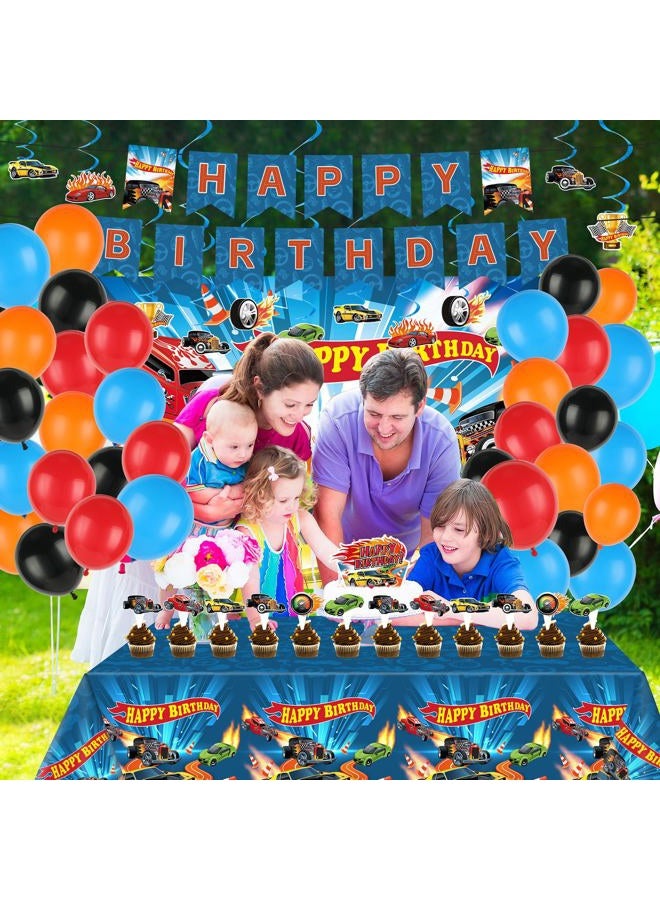 Tevxj 55Pcs Race Car Birthday Party Decorations Hot Car Party Supplies with Banner Balloons Backdrop Hanging Swirls Cake Topper and Cupcake Toppers for Kids Boys Racing Cars Birthday Baby Shower Decoration - Image 4
