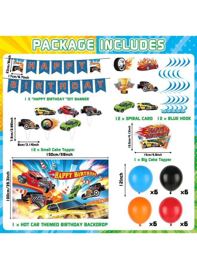 Tevxj 55Pcs Race Car Birthday Party Decorations Hot Car Party Supplies with Banner Balloons Backdrop Hanging Swirls Cake Topper and Cupcake Toppers for Kids Boys Racing Cars Birthday Baby Shower Decoration - Image 2