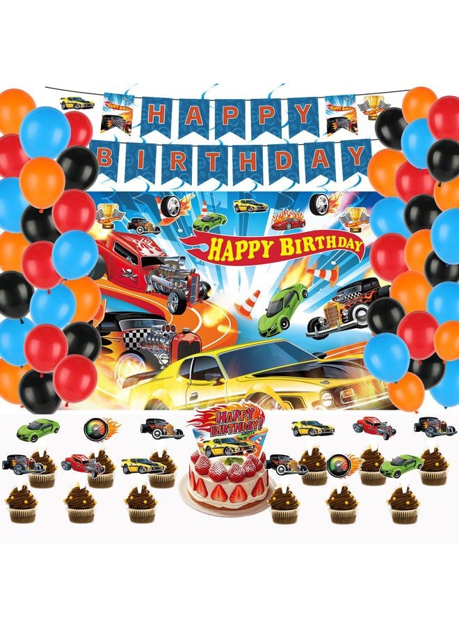 Tevxj 55Pcs Race Car Birthday Party Decorations Hot Car Party Supplies with Banner Balloons Backdrop Hanging Swirls Cake Topper and Cupcake Toppers for Kids Boys Racing Cars Birthday Baby Shower Decoration - Image 1