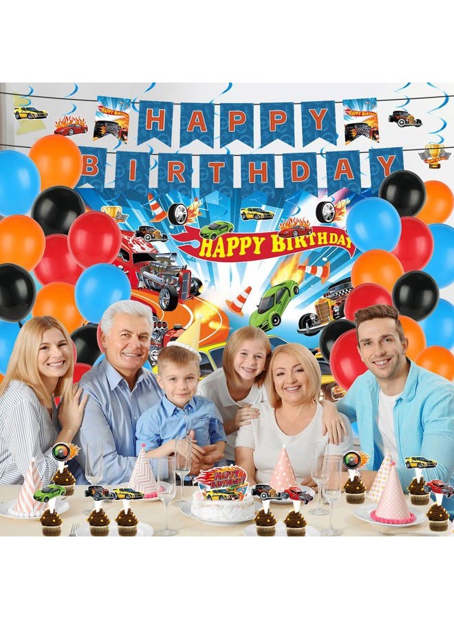 Tevxj 55Pcs Race Car Birthday Party Decorations Hot Car Party Supplies with Banner Balloons Backdrop Hanging Swirls Cake Topper and Cupcake Toppers for Kids Boys Racing Cars Birthday Baby Shower Decoration - Image 5