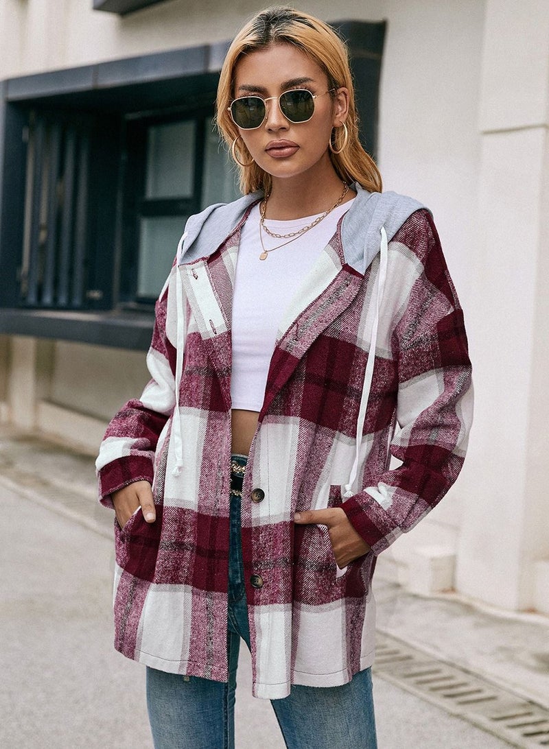 Loquat Hooded Loose Casual Cardigan Plaid Shirt Coat Multicolour - Image 3
