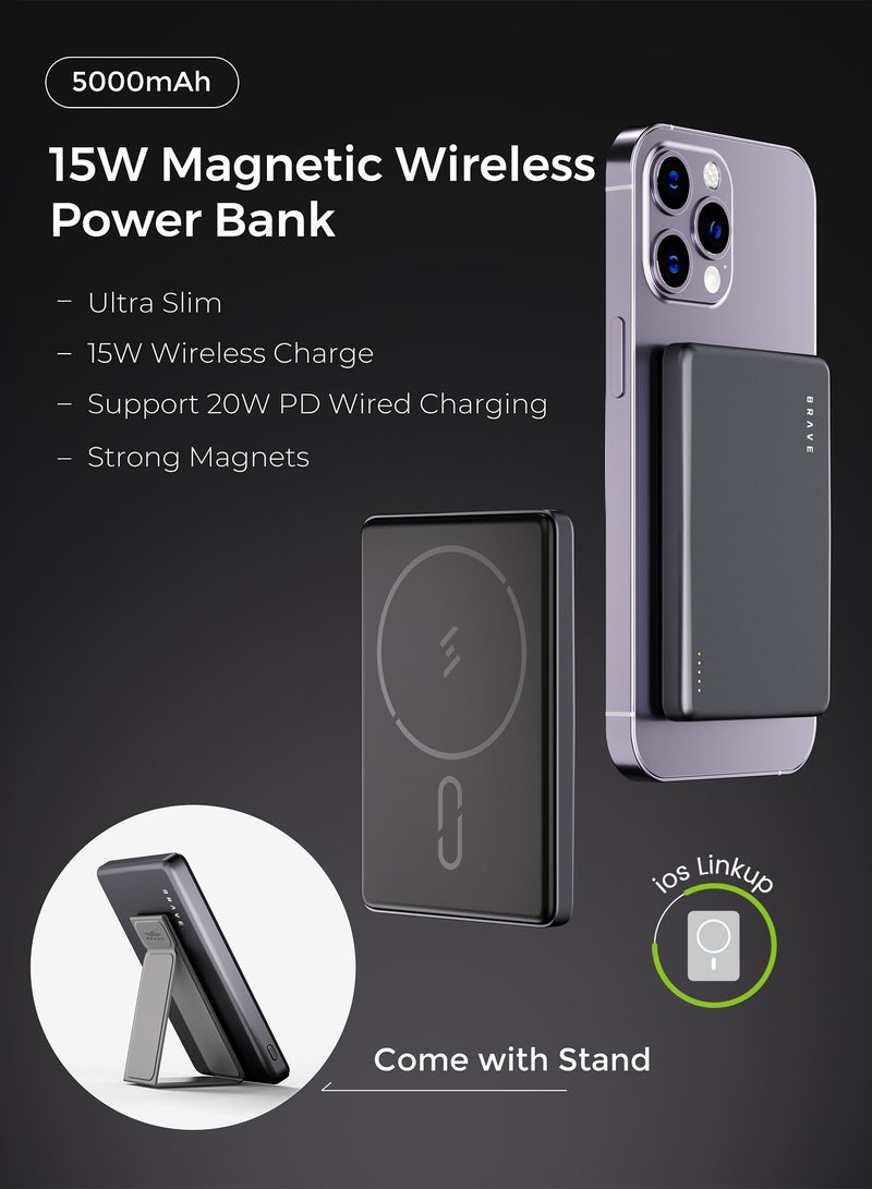 Brave 5000mAh Magnetic Wireless Power Bank, Portable Wireless Charger with 20W Fast Charging Stand, USB-C, MagSafe Compatible for iPhone 16/16 Plus/16 Pro/16 Pro Max, iPhone 15/14/13, Samsung S25/S24/S23/S22 and More, Compact and Slim Design for Power on the Go  - Image 2