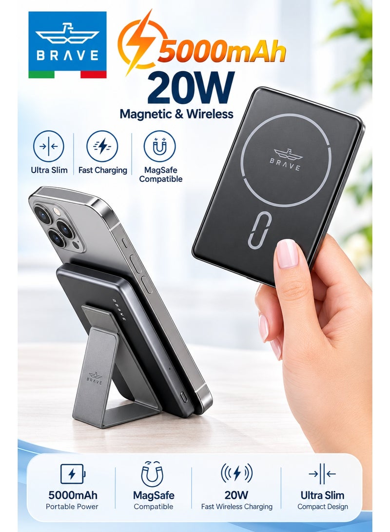 Brave Ultra-Slim 5000mAh Magnetic Wireless Power Bank | Fast Charging, 15W MagSafe Wireless Charging, 20W USB-C PD, Compact Powerbank with Foldable Stand | Portable Travel Charger & External Battery, 5,000mAh Capacity, Multi-Device Charging, Qi Certified | Compatible with iPhone 17 Pro Max, 17 Pro, 17, 16, 15, 14, 13 | Samsung Galaxy S26, S25, S24, S23, S22 Ultra | Xiaomi, Huawei, AirPods & Tablets | Black - Image 1