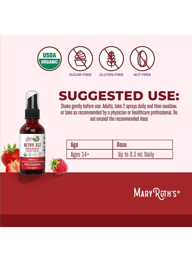 Vitamin B12 Liquid Spray | Vegan, Non-GMO, Gluten-Free | USDA Organic Supplement | Energy & Nervous System Support | B12 Vitamins for Women & Men | 1,500 mcg | 1 Fl Oz