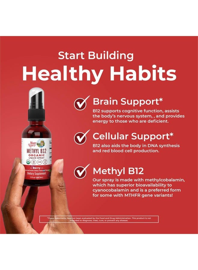 Vitamin B12 Liquid Spray | Vegan, Non-GMO, Gluten-Free | USDA Organic Supplement | Energy & Nervous System Support | B12 Vitamins for Women & Men | 1,500 mcg | 1 Fl Oz