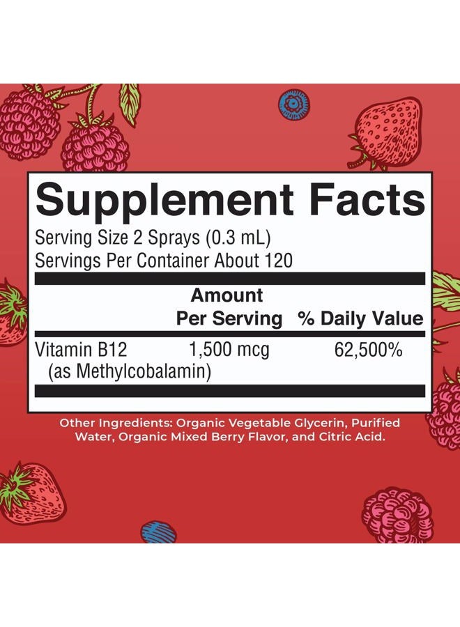 Vitamin B12 Liquid Spray | Vegan, Non-GMO, Gluten-Free | USDA Organic Supplement | Energy & Nervous System Support | B12 Vitamins for Women & Men | 1,500 mcg | 1 Fl Oz