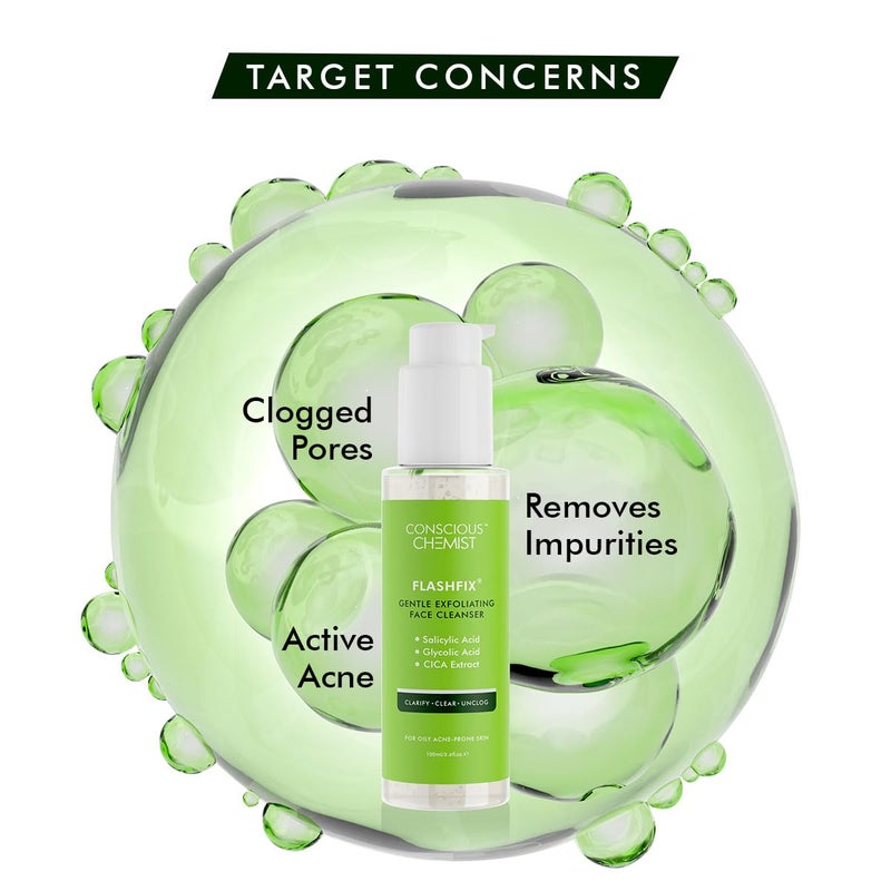 Conscious Chemist Salicylic Acid Face Wash 100ml Face Wash for Oily and Acne Prone Skin for Women Men Cleanser with Glycolic Acid CICA Extract Glowing Radiant Skin Flashfix Pack of 2 - Image 3