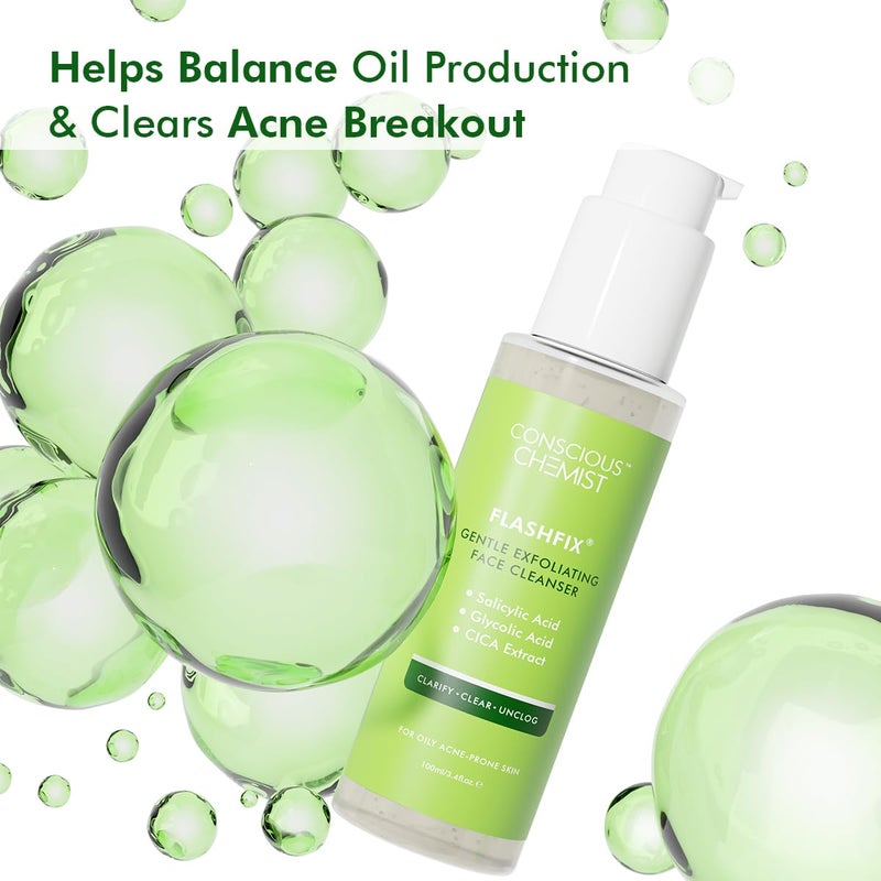 Conscious Chemist Salicylic Acid Face Wash 100ml Face Wash for Oily and Acne Prone Skin for Women Men Cleanser with Glycolic Acid CICA Extract Glowing Radiant Skin Flashfix Pack of 2 - Image 4