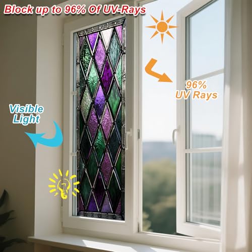 IVN Privacy Window Film Stained Glass Window Cling Purple Green Diamond Pattern Decorative Static Cling Window Sticker for Bathroom Kitchen Entry Door 17.7 x 39.3 Inch - Image 4