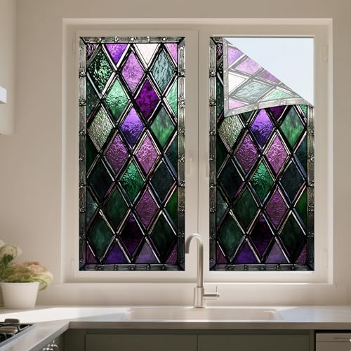 IVN Privacy Window Film Stained Glass Window Cling Purple Green Diamond Pattern Decorative Static Cling Window Sticker for Bathroom Kitchen Entry Door 17.7 x 39.3 Inch - Image 5
