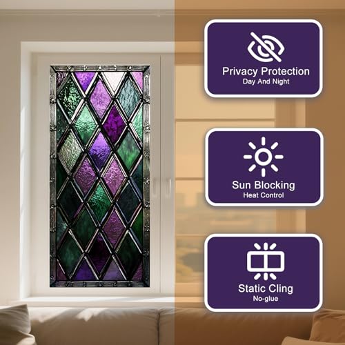 IVN Privacy Window Film Stained Glass Window Cling Purple Green Diamond Pattern Decorative Static Cling Window Sticker for Bathroom Kitchen Entry Door 17.7 x 39.3 Inch - Image 2