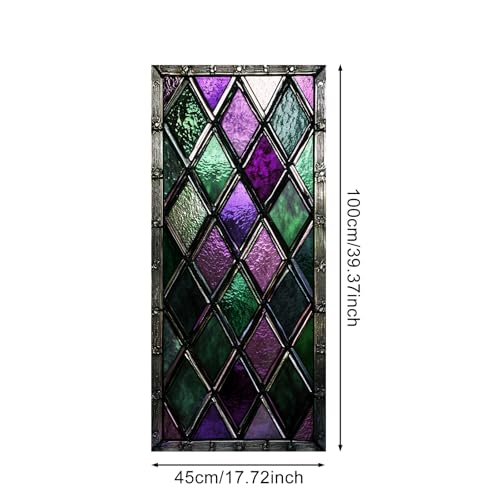 IVN Privacy Window Film Stained Glass Window Cling Purple Green Diamond Pattern Decorative Static Cling Window Sticker for Bathroom Kitchen Entry Door 17.7 x 39.3 Inch - Image 3