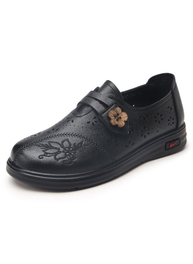 Pull Back Huili Mom Shoes, Single Shoes, Summer Leather Shoes, Comfortable Soft Sole, Middle-aged And Elderly Women, Hollow Anti-slip Sandals, 0125 Black, Size 39 - Image 4
