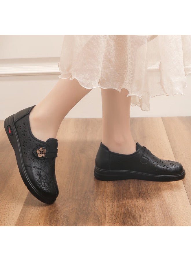 Pull Back Huili Mom Shoes, Single Shoes, Summer Leather Shoes, Comfortable Soft Sole, Middle-aged And Elderly Women, Hollow Anti-slip Sandals, 0125 Black, Size 39 - Image 2