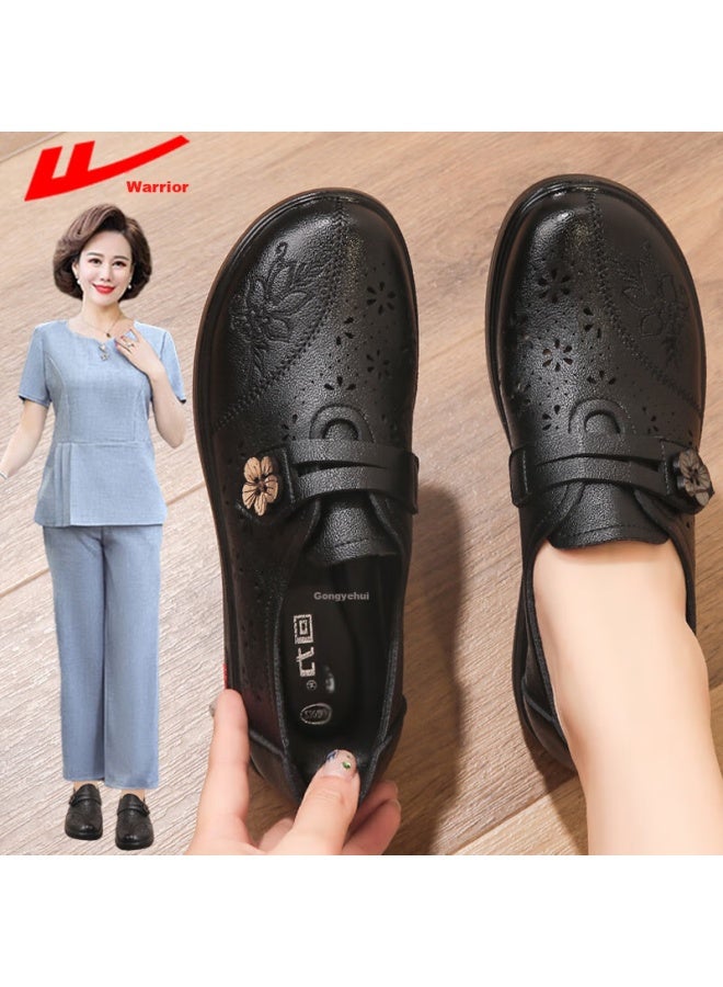 Pull Back Huili Mom Shoes, Single Shoes, Summer Leather Shoes, Comfortable Soft Sole, Middle-aged And Elderly Women, Hollow Anti-slip Sandals, 0125 Black, Size 39 - Image 1