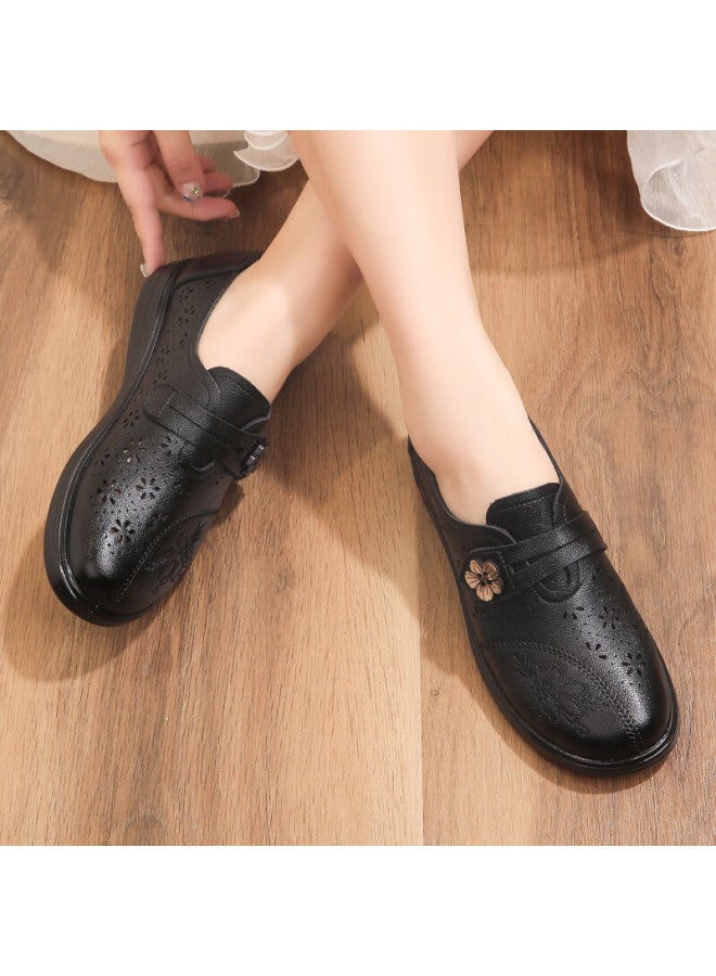 Pull Back Huili Mom Shoes, Single Shoes, Summer Leather Shoes, Comfortable Soft Sole, Middle-aged And Elderly Women, Hollow Anti-slip Sandals, 0125 Black, Size 39 - Image 3