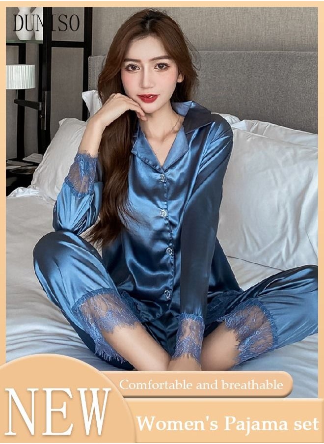 DUNISO - 2-piece Women' s Pajama Set Silk Satin Long Sleeve Sleepwear with Button Classic Loungewear Nightwear Notch Neck Shirt and Waist Elastic Pants with Lace Pajama Set for Women - Image 1
