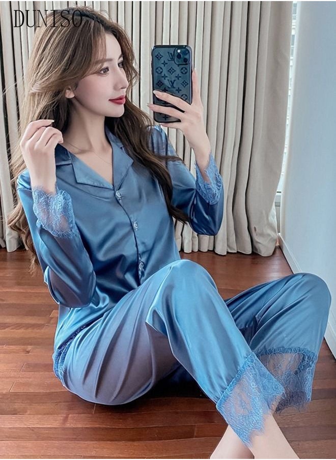DUNISO - 2-piece Women' s Pajama Set Silk Satin Long Sleeve Sleepwear with Button Classic Loungewear Nightwear Notch Neck Shirt and Waist Elastic Pants with Lace Pajama Set for Women - Image 1