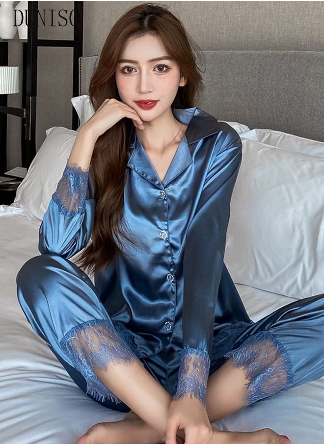 DUNISO - 2-piece Women' s Pajama Set Silk Satin Long Sleeve Sleepwear with Button Classic Loungewear Nightwear Notch Neck Shirt and Waist Elastic Pants with Lace Pajama Set for Women - Image 1