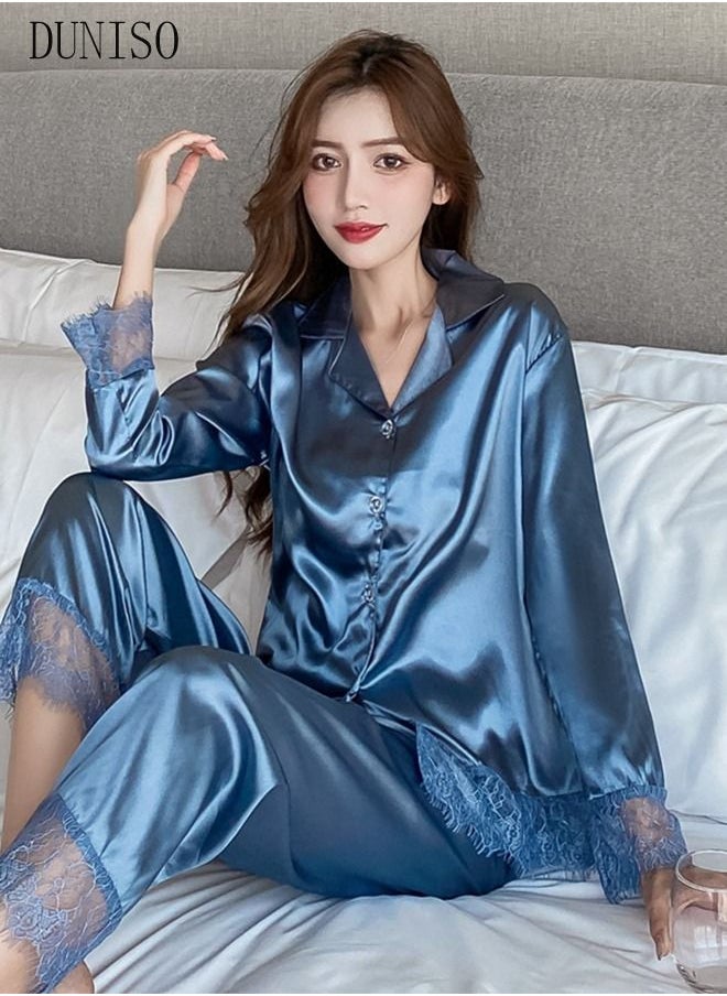DUNISO - 2-piece Women' s Pajama Set Silk Satin Long Sleeve Sleepwear with Button Classic Loungewear Nightwear Notch Neck Shirt and Waist Elastic Pants with Lace Pajama Set for Women - Image 1