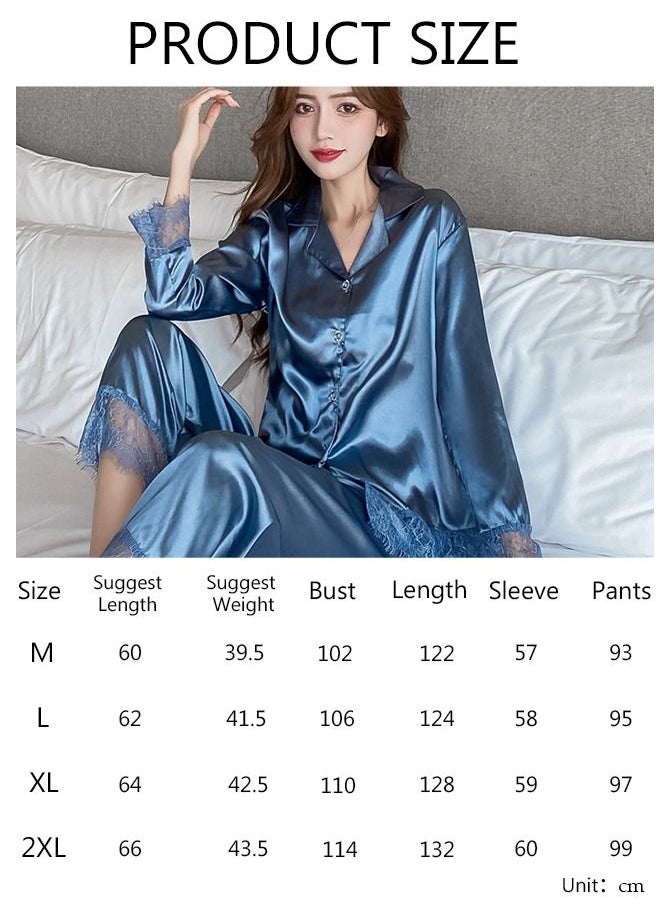 DUNISO - 2-piece Women' s Pajama Set Silk Satin Long Sleeve Sleepwear with Button Classic Loungewear Nightwear Notch Neck Shirt and Waist Elastic Pants with Lace Pajama Set for Women - Image 1
