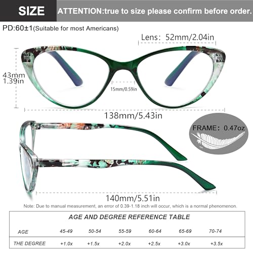 EYEURL Cat Eye Reading Glasses for Women, 2 Pack Blue Light Blocking Readers for Ladies Spring Hinge Fashion Pattern +3.0 Magnification Anti Eyestrain UV Protection - Image 3