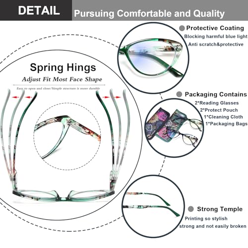 EYEURL Cat Eye Reading Glasses for Women, 2 Pack Blue Light Blocking Readers for Ladies Spring Hinge Fashion Pattern +3.0 Magnification Anti Eyestrain UV Protection - Image 4