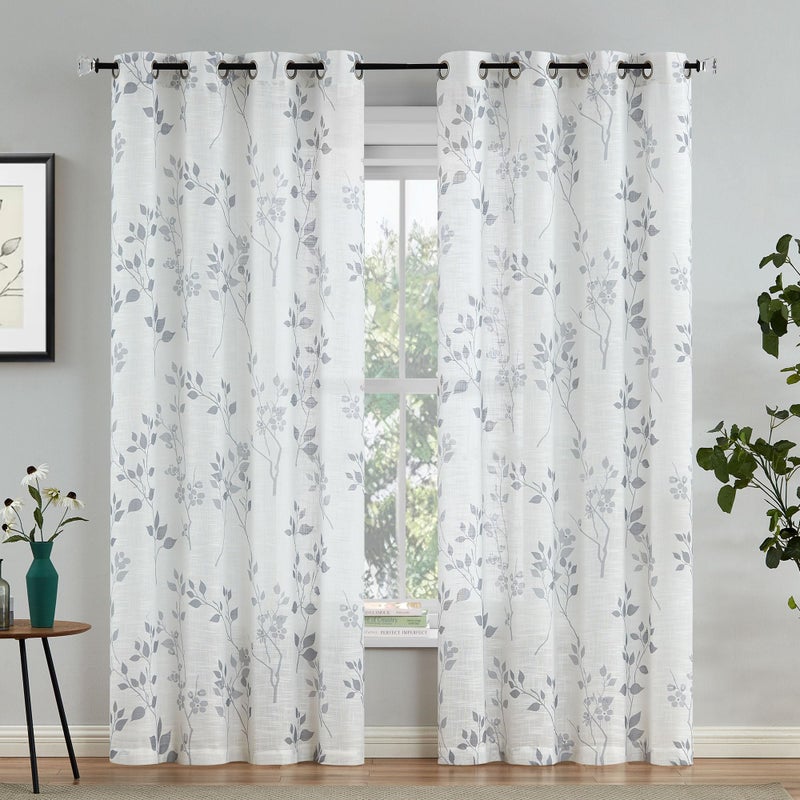 Beauoop Floral Polyester Curtains 96 Inches Long 2 Panels for Living Room Bedroom Grey Farmhouse Flower Patterned Light Filtering Textured Grommet Top Window Treatments Drapes, 50x96 2 Set - Image 1