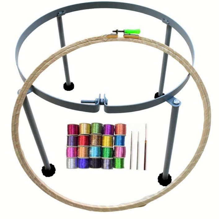 Prabhas Designs - 18" inch Aari / Maggam Embroidery Stand with 20 Multi-Color zari Thread, 3 aari Needles, and Wrapped 18-inch Wooden Frame || Heavy Sturdy Legs || Wrapped Frame  - Image 1