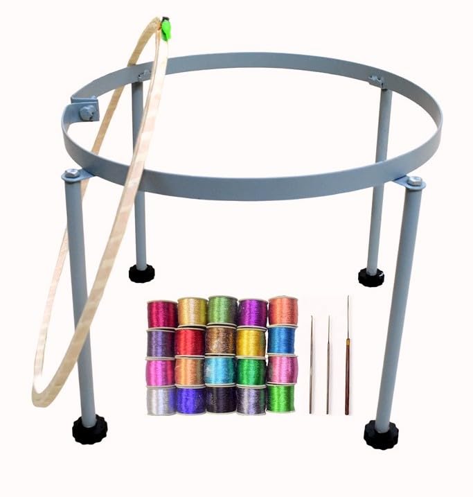 Prabhas Designs - 18" inch Aari / Maggam Embroidery Stand with 20 Multi-Color zari Thread, 3 aari Needles, and Wrapped 18-inch Wooden Frame || Heavy Sturdy Legs || Wrapped Frame  - Image 2