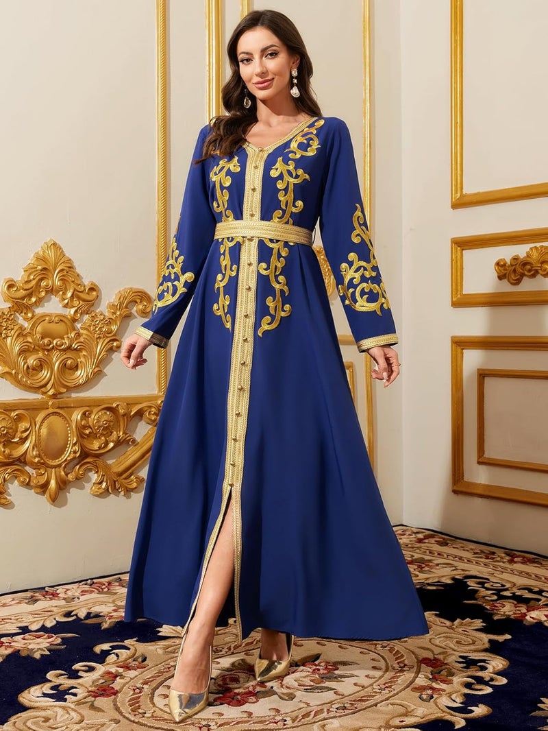 Elegant Royal Blue Maxi Dress with Gold Embroidery - Muslim Women's Abaya - Image 4